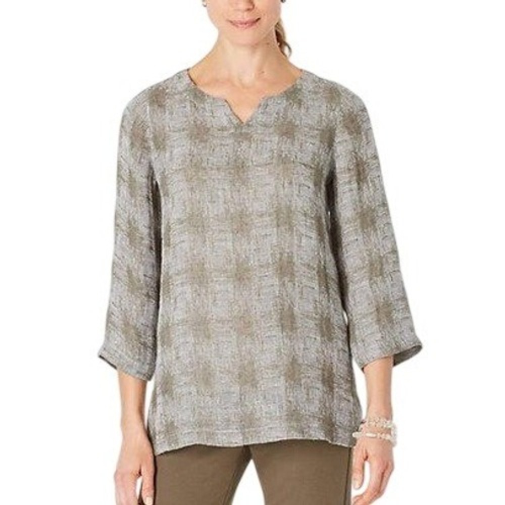 Pure Jill Sage Green Linen Blend‎ Gauzy Lightweight V Neck 3/4 Sleeve Tunic XS